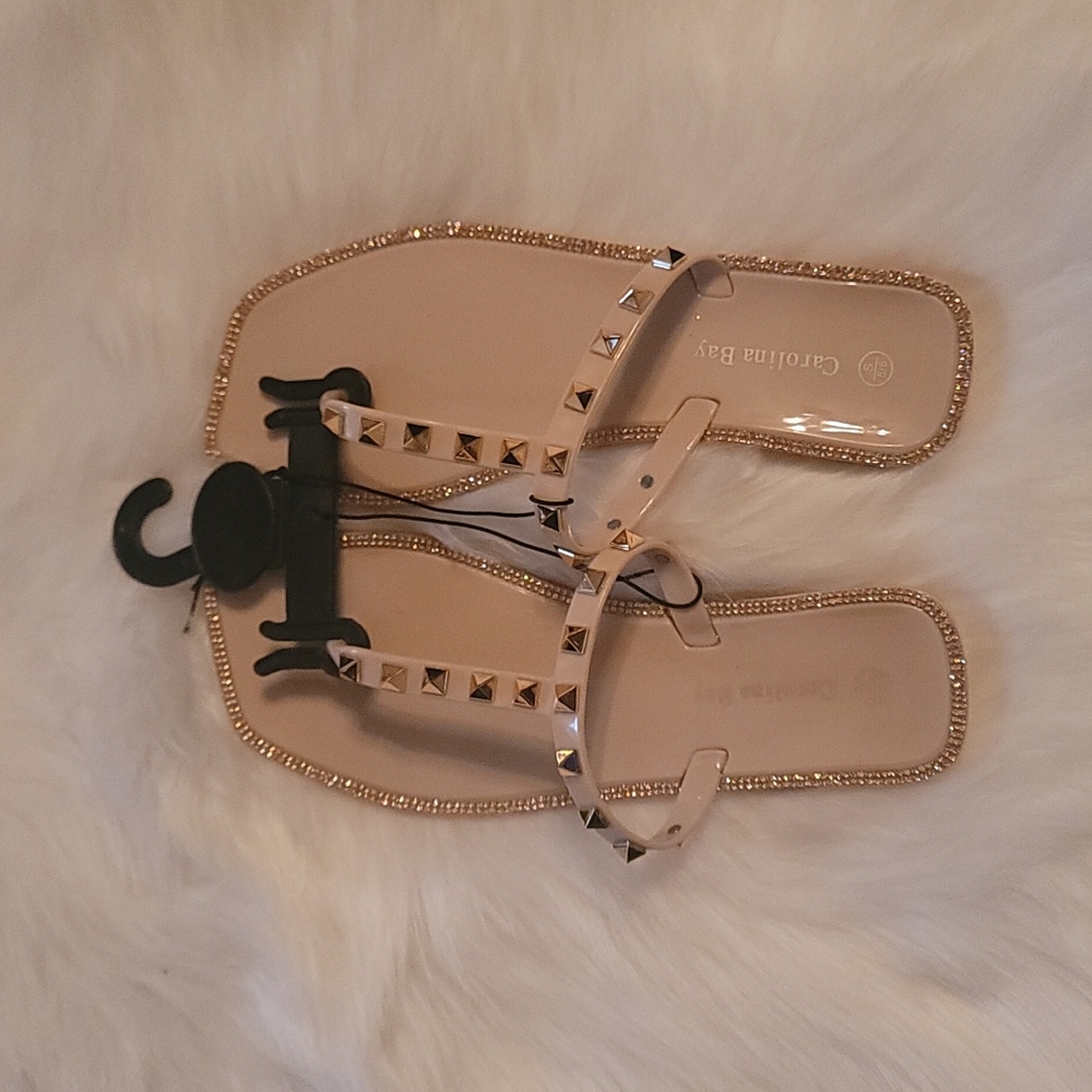 Carolina Bay Sandals Cream with Gold trim Rhinestones